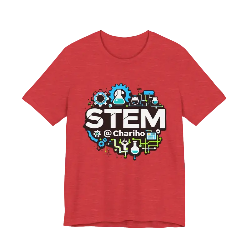 Red STEM-themed t-shirt from STEM Chariho, perfect for science enthusiasts