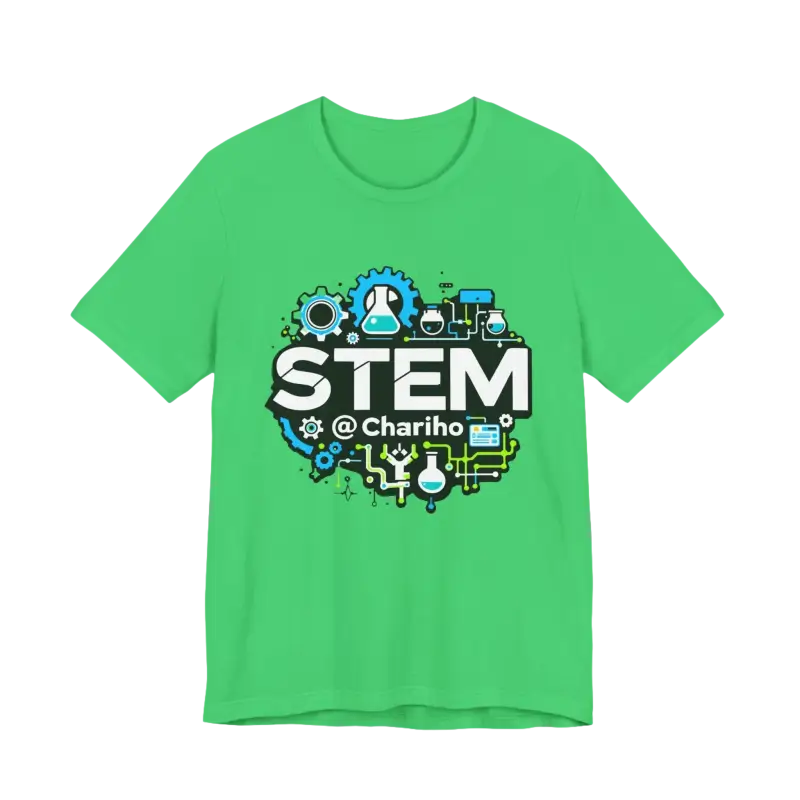 Green STEM-themed t-shirt from STEM Chariho, perfect for science enthusiasts