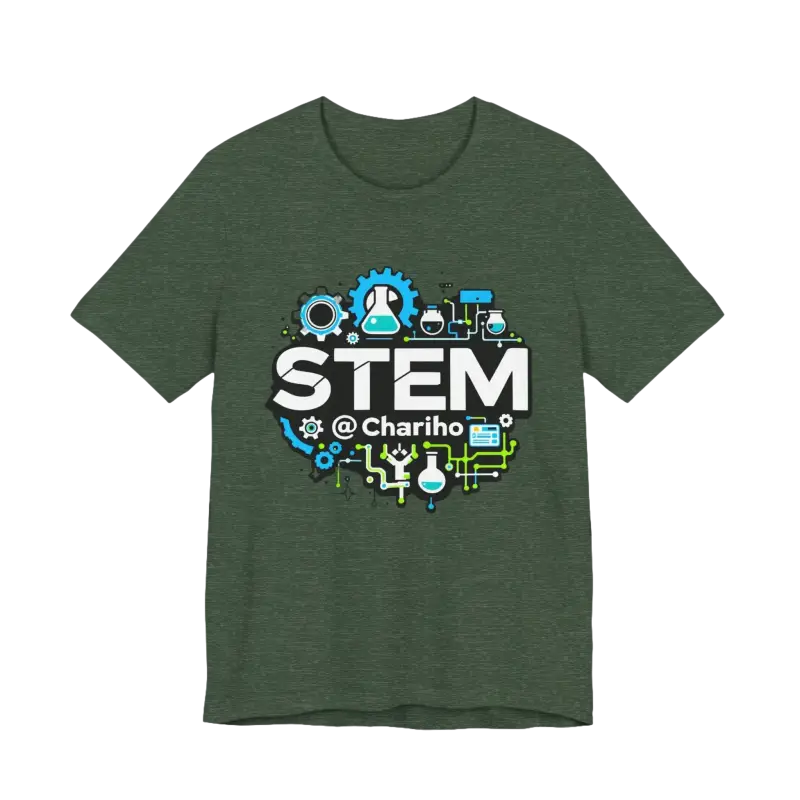 Green STEM-themed t-shirt from STEM Chariho for science enthusiasts and educators