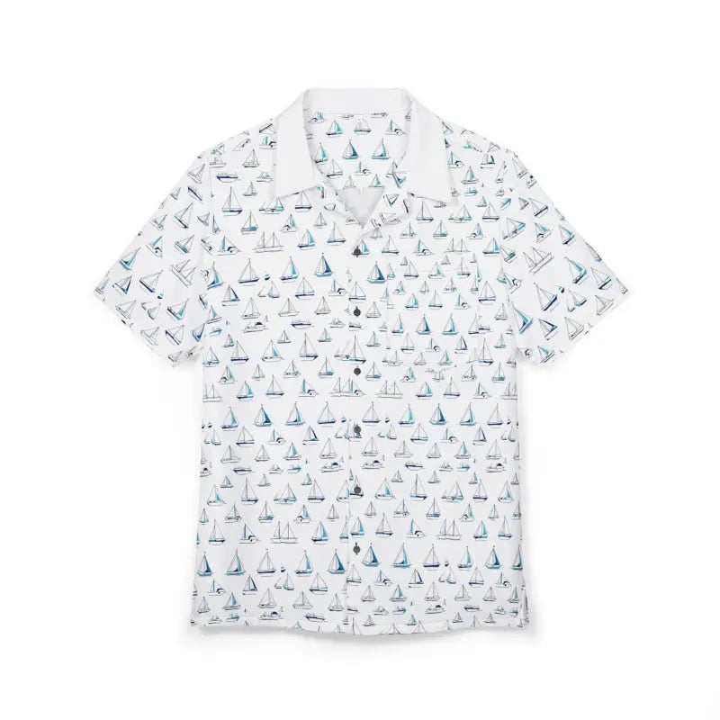 White short-sleeved shirt featuring a sailboat pattern for summer outings