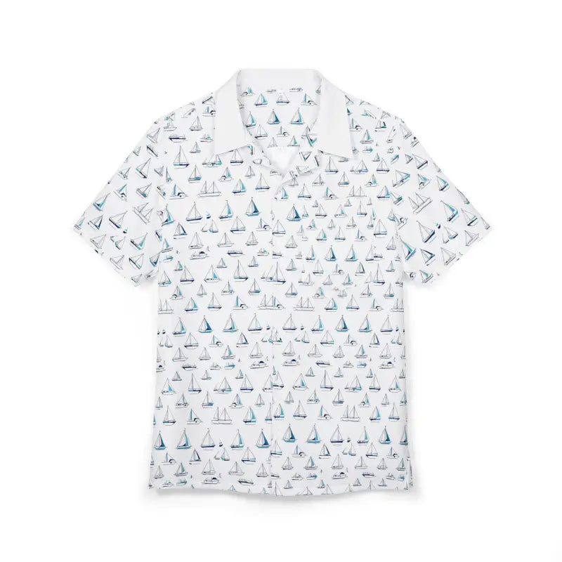 White short-sleeved shirt with sailboat pattern from Sailing Vibes Hawaiian collection