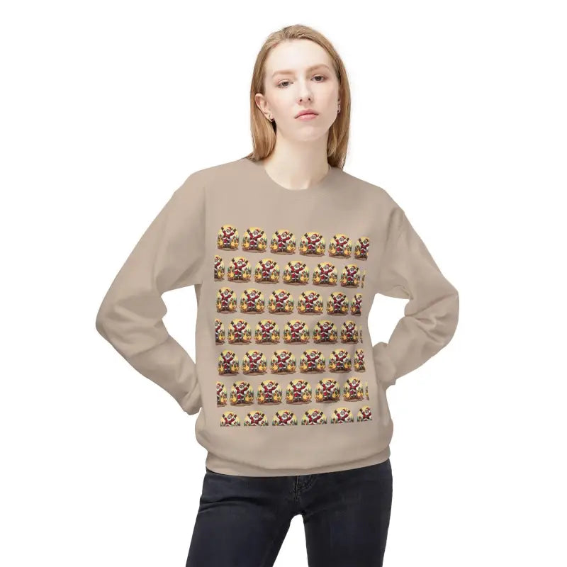 Beige sweatshirt featuring repeating Wario Kart pattern in Santa With His Chicks design