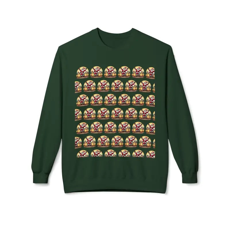 Green sweatshirt featuring a Santa snow globe pattern from the Santa With His Chicks collection