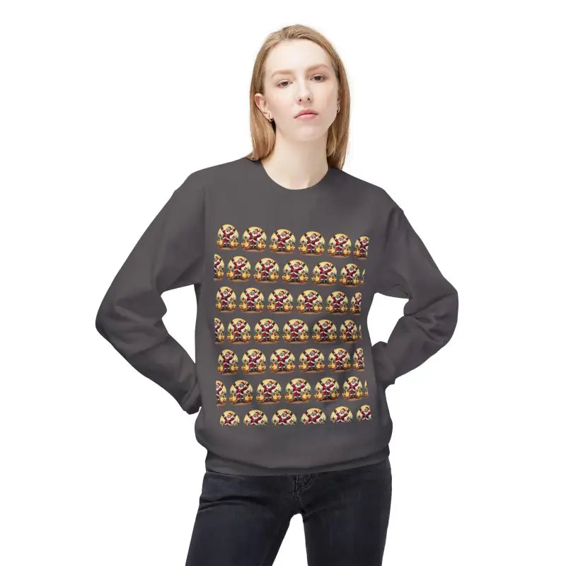 Gray sweatshirt featuring a pixelated character pattern from Santa With His Chicks collection