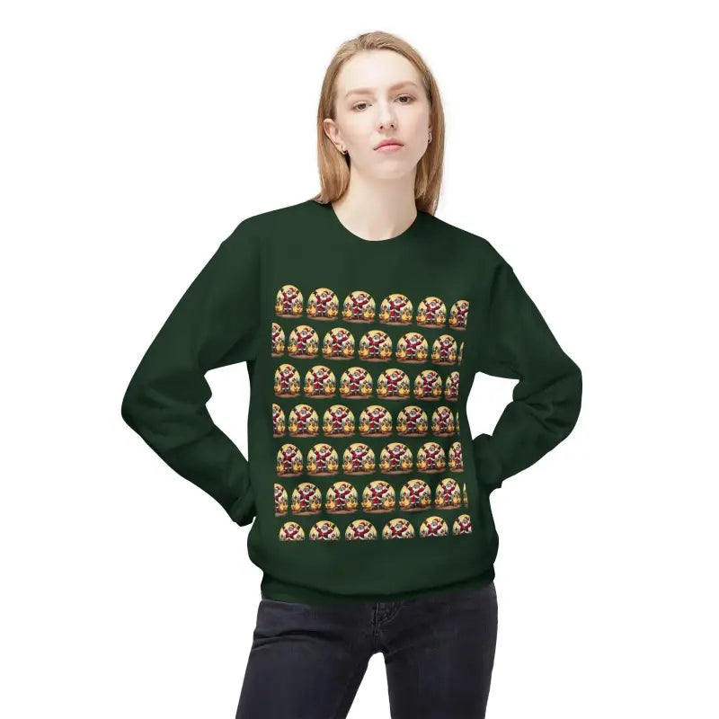 Green sweater featuring a repeating Santa Claus pattern, named Santa With His Chicks Fleece Crewneck Sweatshirt