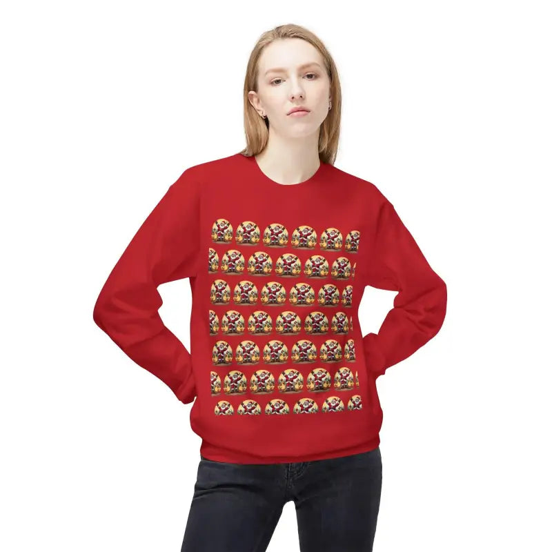 Red Santa With His Chicks Fleece Crewneck Sweatshirt featuring repeating character pattern