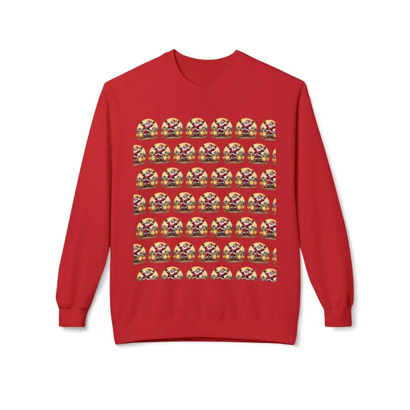 Red Santa With His Chicks Fleece Crewneck Sweatshirt featuring repeated character pattern