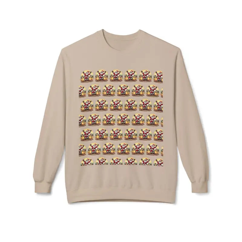 Beige sweatshirt featuring a pixelated Santa Claus pattern in a festive design
