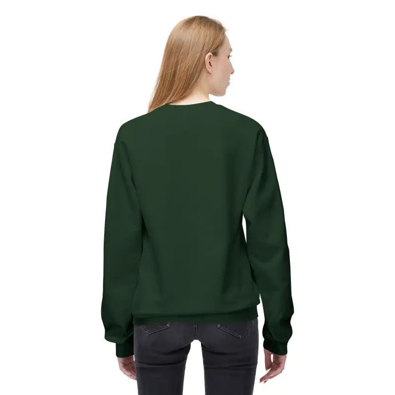 Woman wearing a dark green Santa With His Chicks Fleece Crewneck Sweatshirt