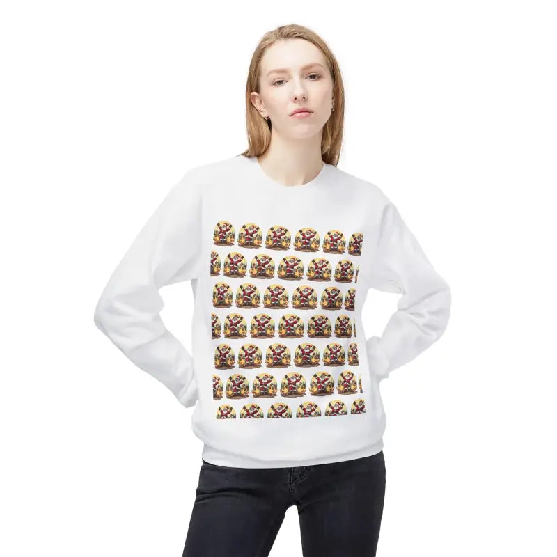 Woman modeling Santa With His Chicks Fleece Crewneck Sweatshirt with a unique pattern