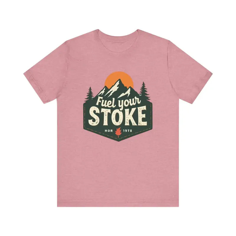 Pink t-shirt featuring a mountain graphic from the Seafoam Olive Salmon collection
