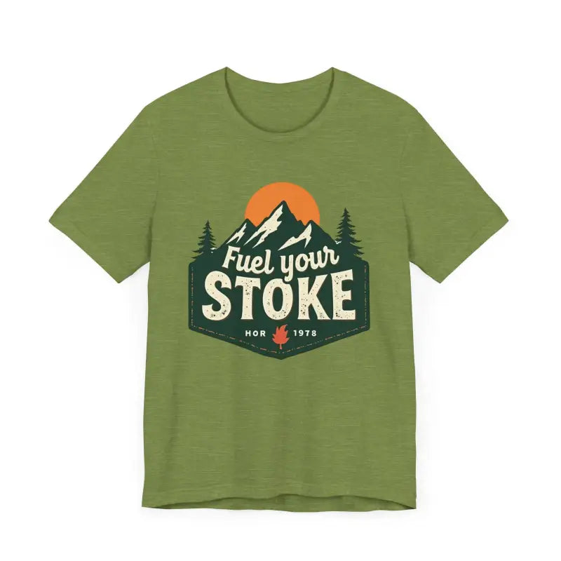 Green t-shirt featuring mountain graphic from Seafoam Olive Salmon and Heather Green Tee