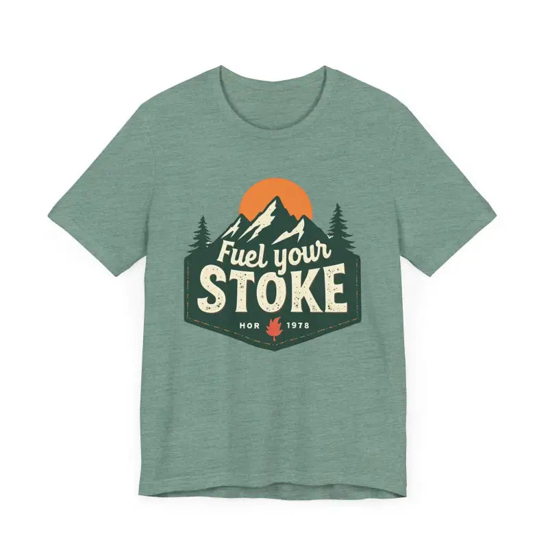 Green t-shirt featuring a mountain graphic from Seafoam Olive Salmon and Heather Green collection