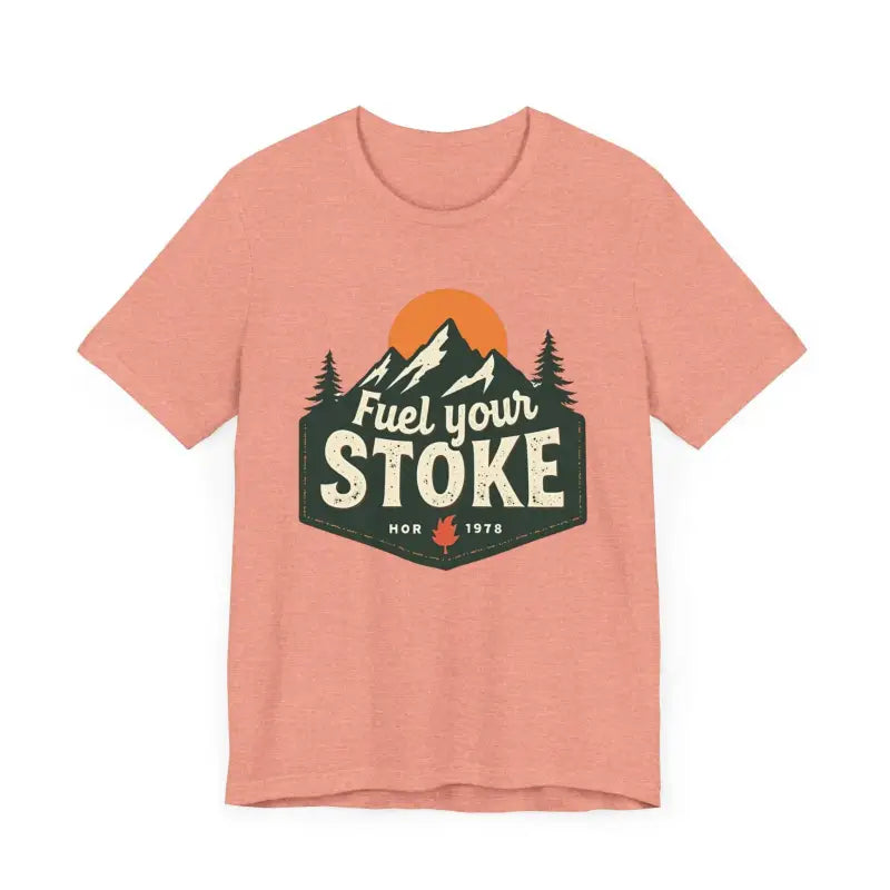 Salmon-colored unisex jersey tee featuring a mountain graphic design