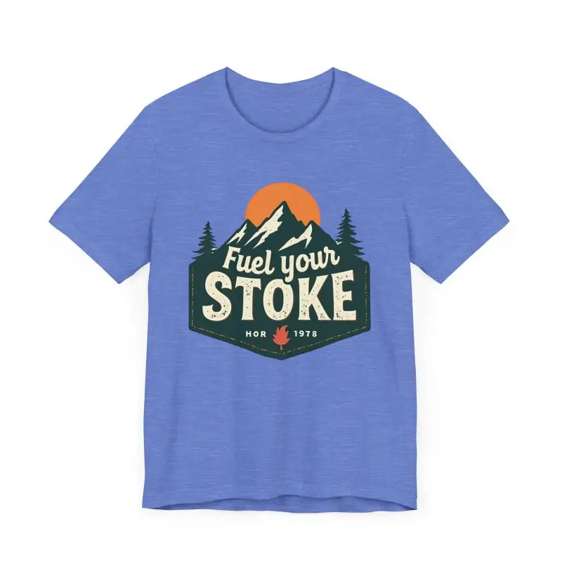 Blue t-shirt with mountain graphic featured in Seafoam Olive Salmon and Heather Green Unisex Jersey Tee