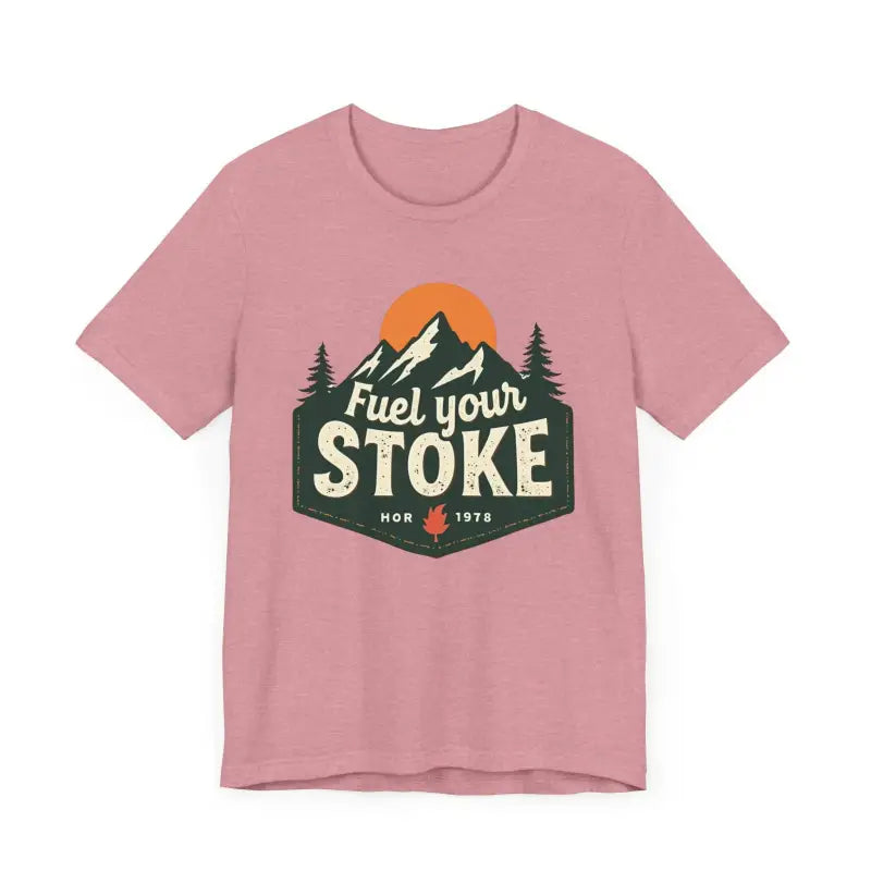 Pink unisex jersey tee featuring a mountain graphic, part of Seafoam Olive Salmon collection