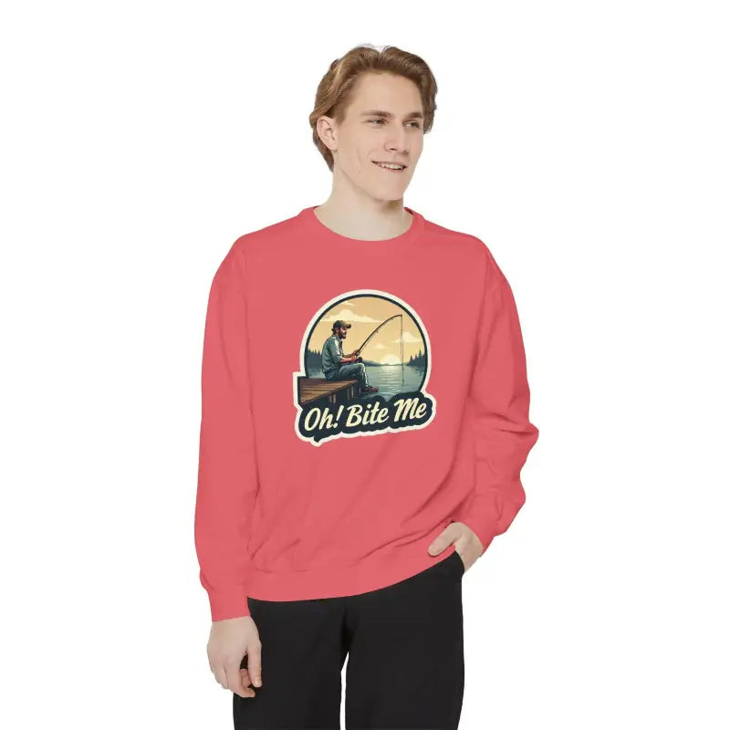 Salmon-colored sweatshirt featuring fishing graphic from Sitting on the Dock collection