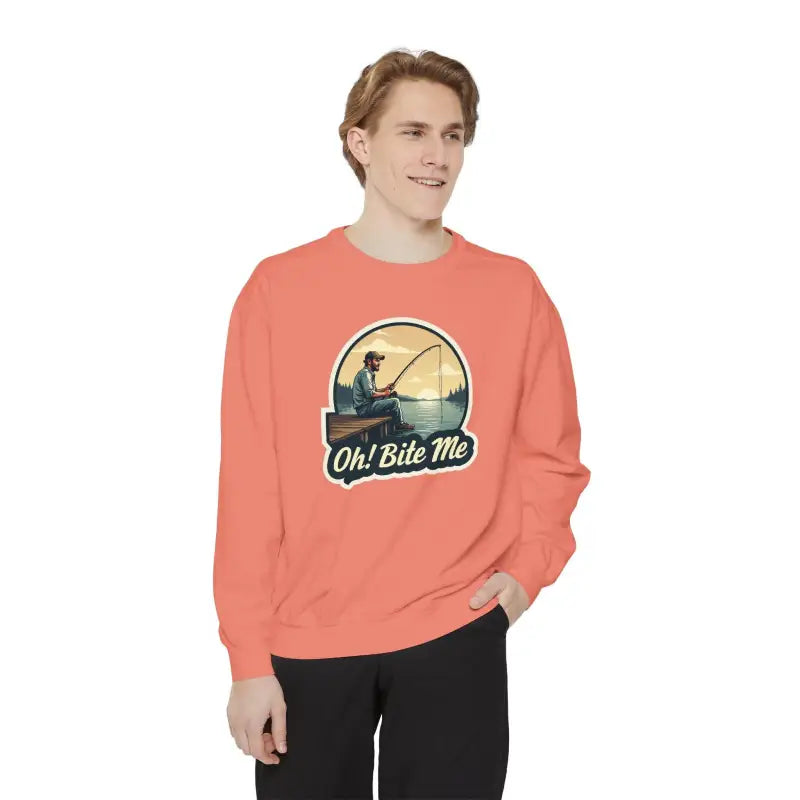 Salmon-colored sweatshirt with fishing graphic from Sitting on the Dock collection