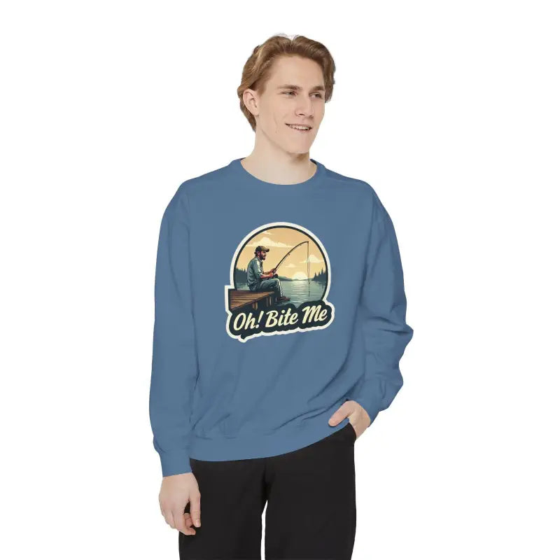 Blue sweatshirt with fishing graphic from Sitting on the Dock Bite Me collection