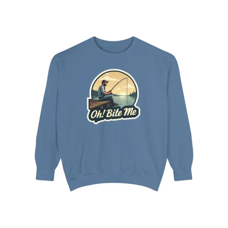 Blue sweatshirt featuring fishing graphic from Sitting on the Dock Bite Me collection