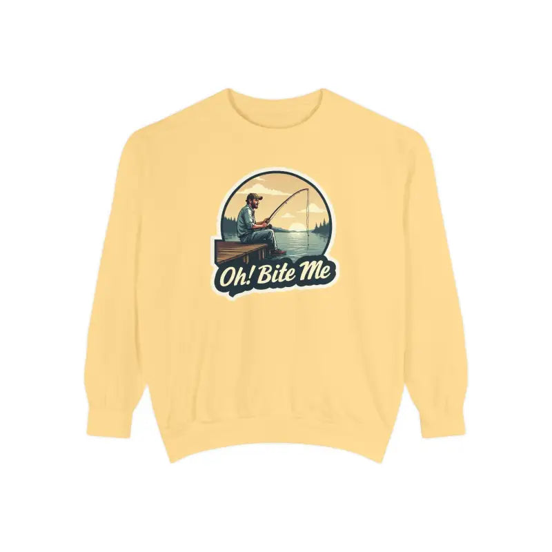 Yellow sweatshirt featuring a fishing graphic from Sitting on the Dock Bite Me collection