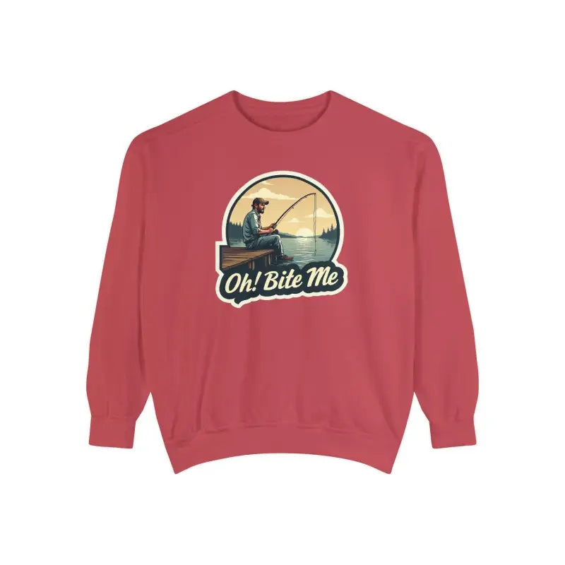 Red Sitting on the Dock Bite Me Unisex Garment Dyed Sweatshirt with fishing graphic