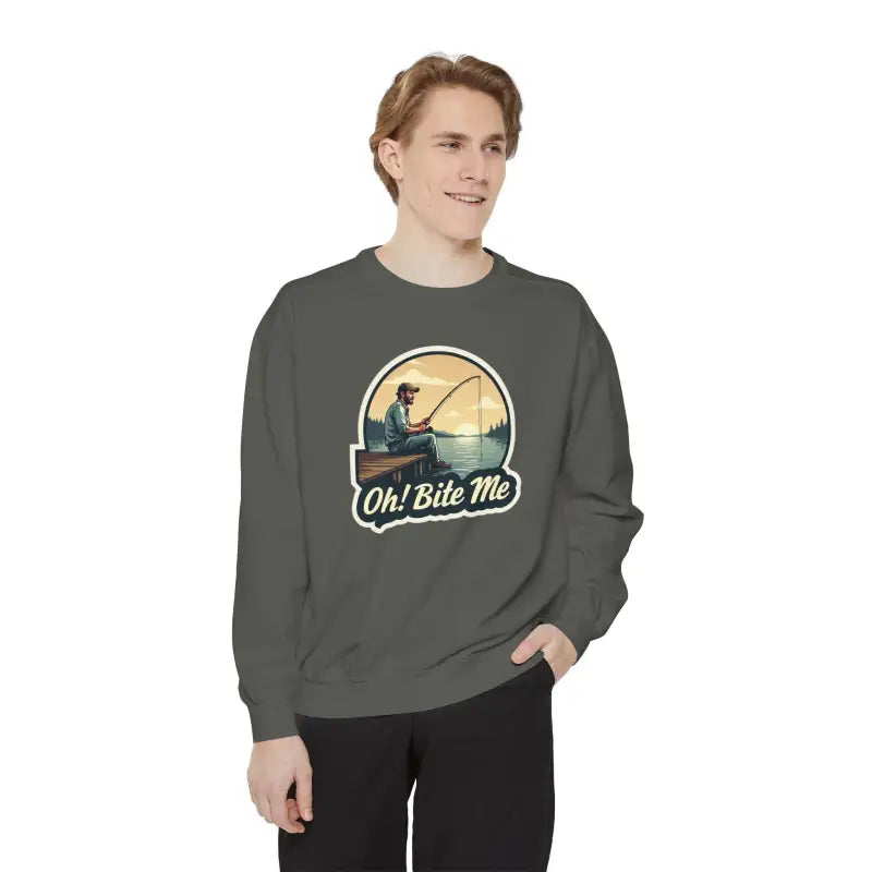 Gray sweatshirt featuring a fishing graphic from Sitting on the Dock collection