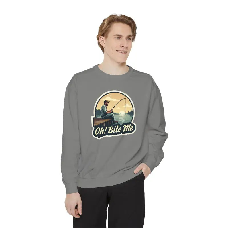 Gray sweatshirt featuring fishing graphic from Sitting on the Dock Bite Me collection