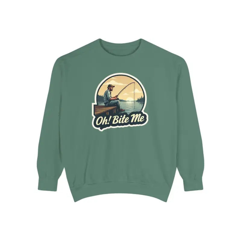 Green sweatshirt featuring a fishing graphic from Sitting on the Dock collection