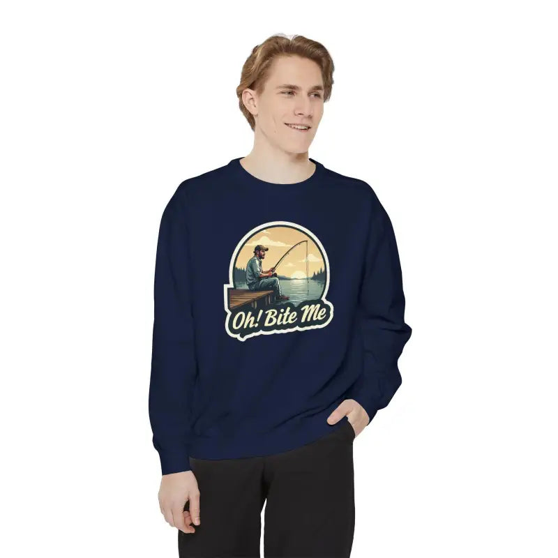 Navy blue sweatshirt featuring fishing graphic from Sitting on the Dock Bite Me collection