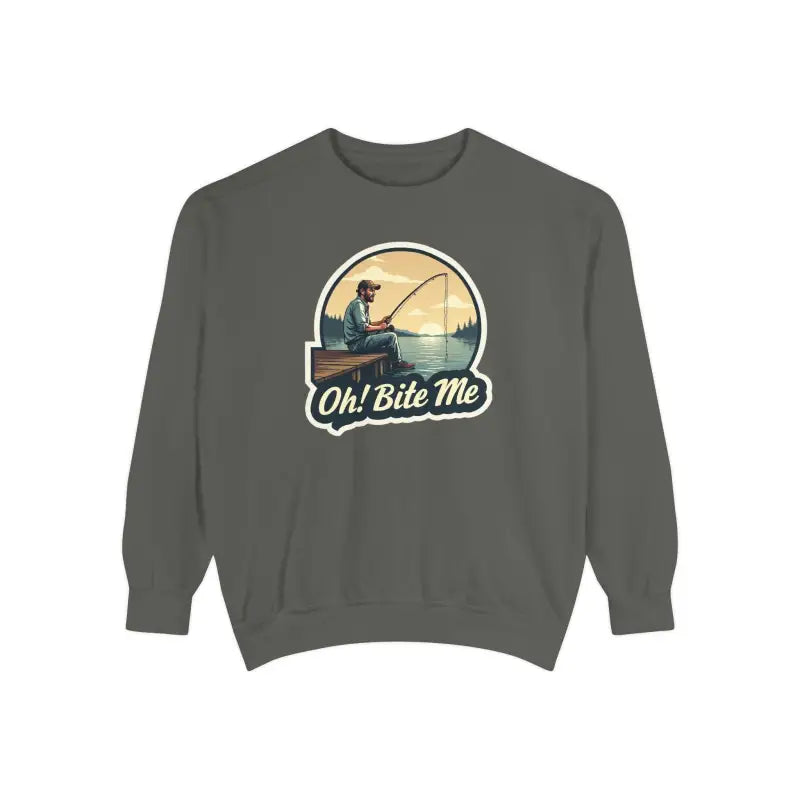 Gray sweatshirt featuring fishing graphic for the Sitting on the Dock Bite Me collection