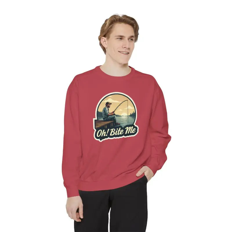 Red Sitting on the Dock Bite Me Unisex Garment Dyed Sweatshirt with fishing graphic