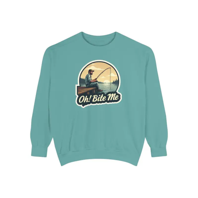 Teal sweatshirt featuring fishing graphic from Sitting on the Dock Bite Me collection