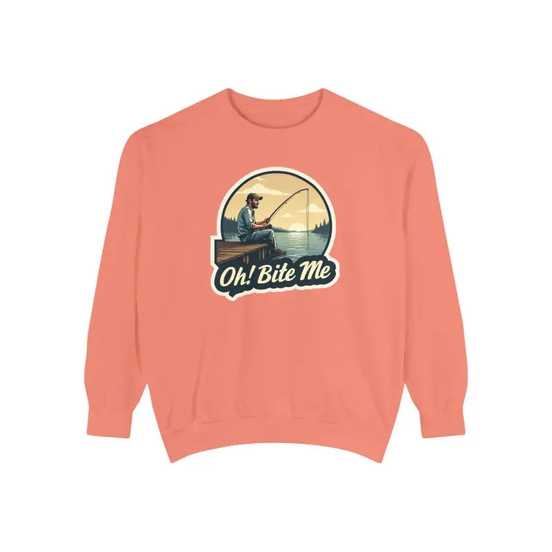 Salmon-colored sweatshirt with fishing graphic from Sitting on the Dock collection