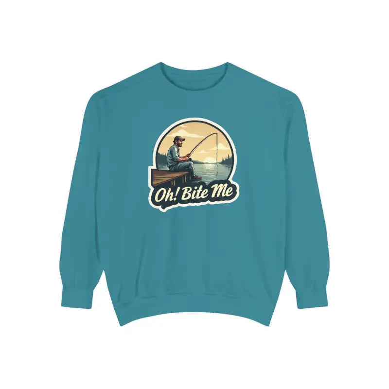 Teal sweatshirt featuring fishing graphic from Sitting on the Dock Bite Me collection