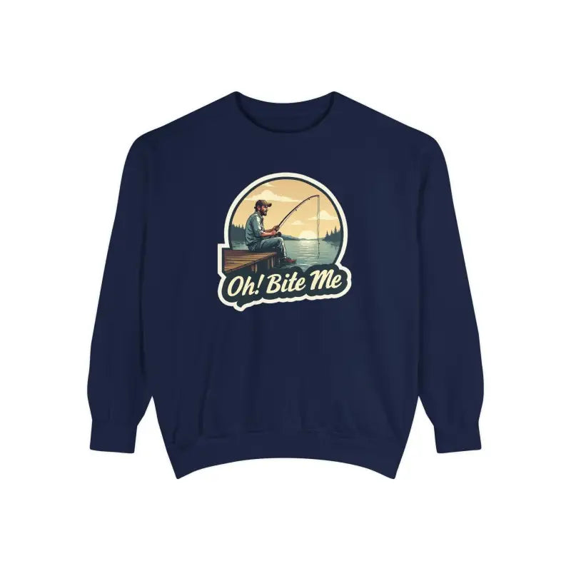 Navy blue sweatshirt featuring fishing graphic from Sitting on the Dock Bite Me collection