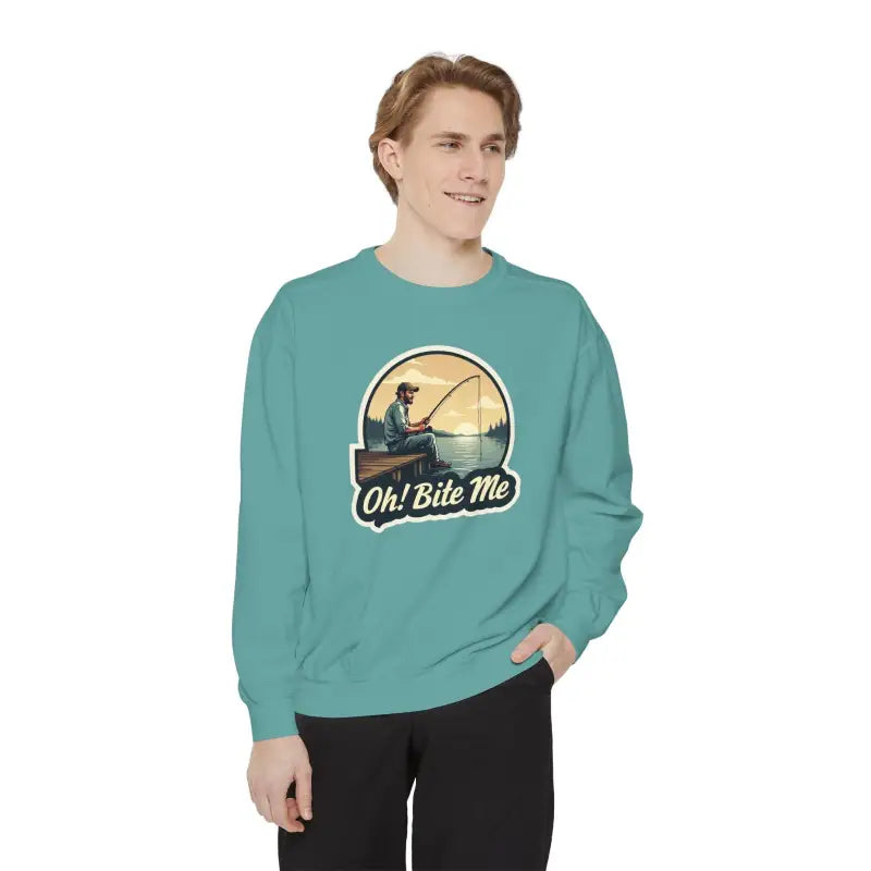 Turquoise sweatshirt featuring fishing graphic from Sitting on the Dock collection