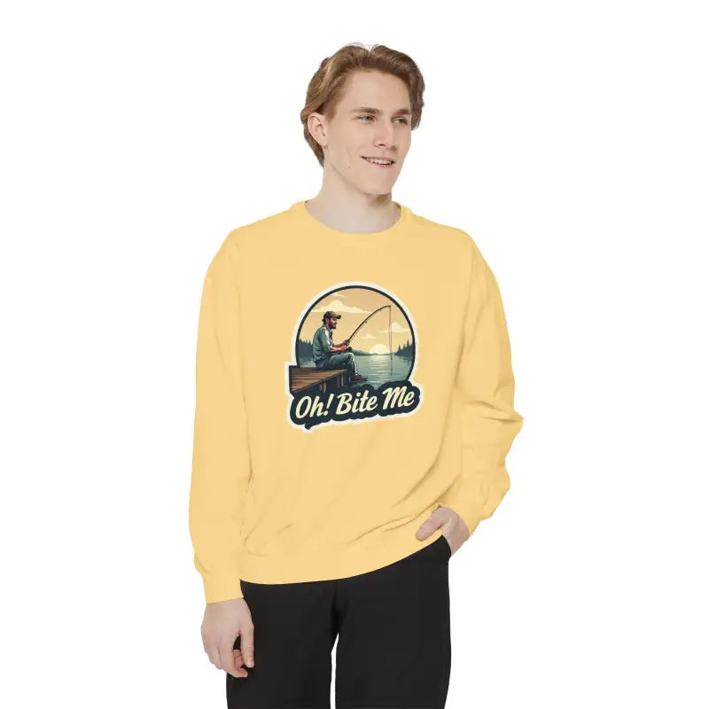 Yellow sweatshirt featuring fishing graphic from Sitting on the Dock Bite Me collection