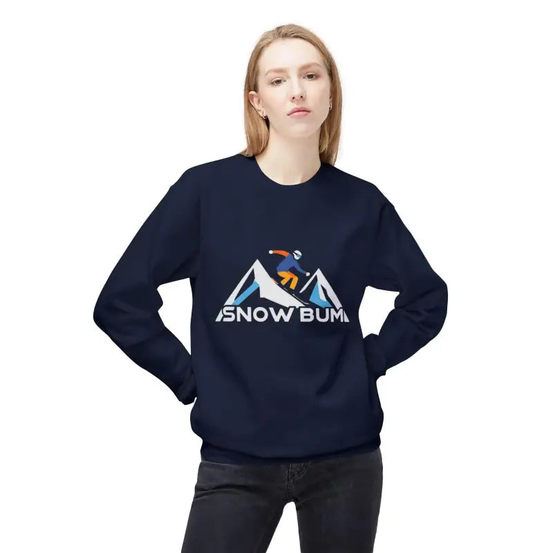 Navy blue Skier Graphic and Snow Bum Sweatshirt for outdoor enthusiasts