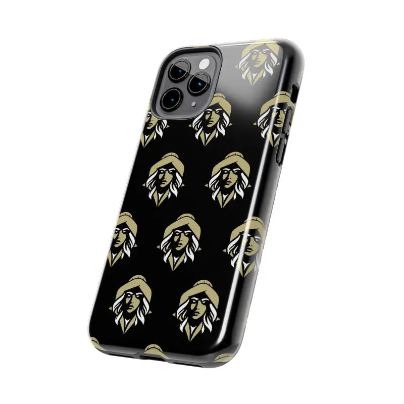 Black phone case featuring a repeating woman face pattern, Skipper Lax design