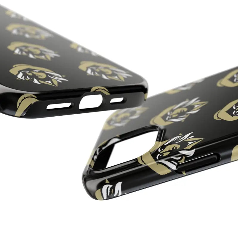 Black phone cases featuring a patterned design, including Skipper Lax Woman Face design