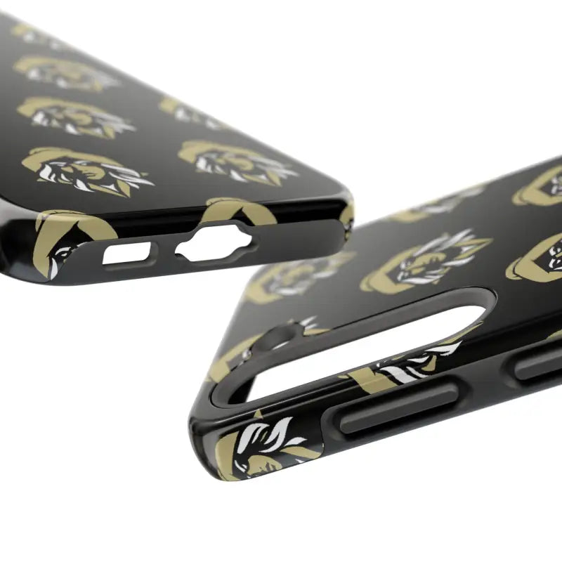 Black Tough Phone Case featuring Woman Face Design with gold and white logo pattern
