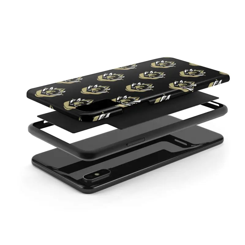Exploded view of Skipper Lax Black Tough Phone Case with animal logo design