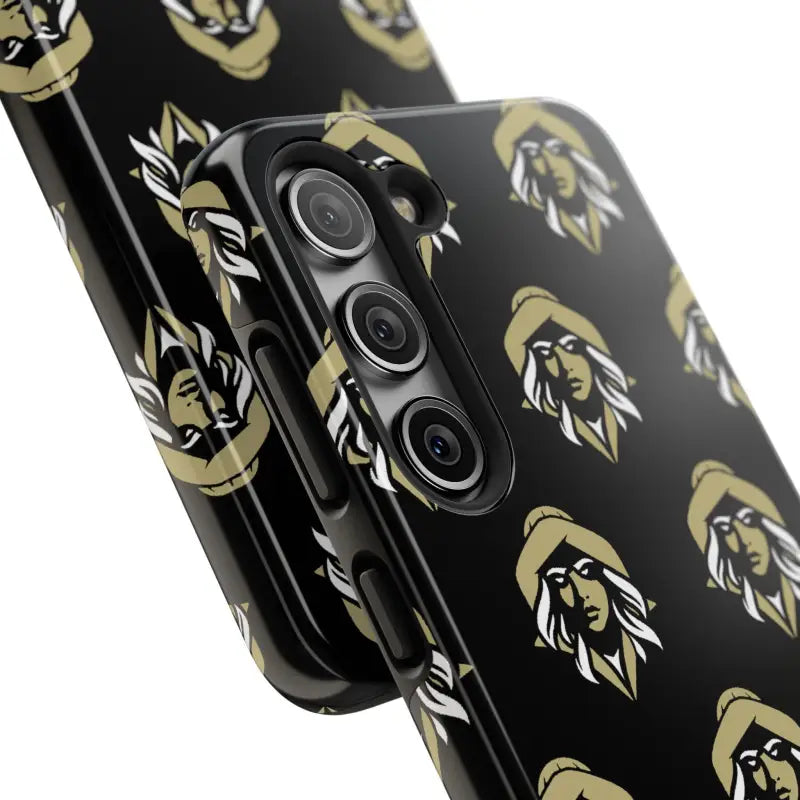Black phone case featuring a repeating figure pattern from Skipper Lax design