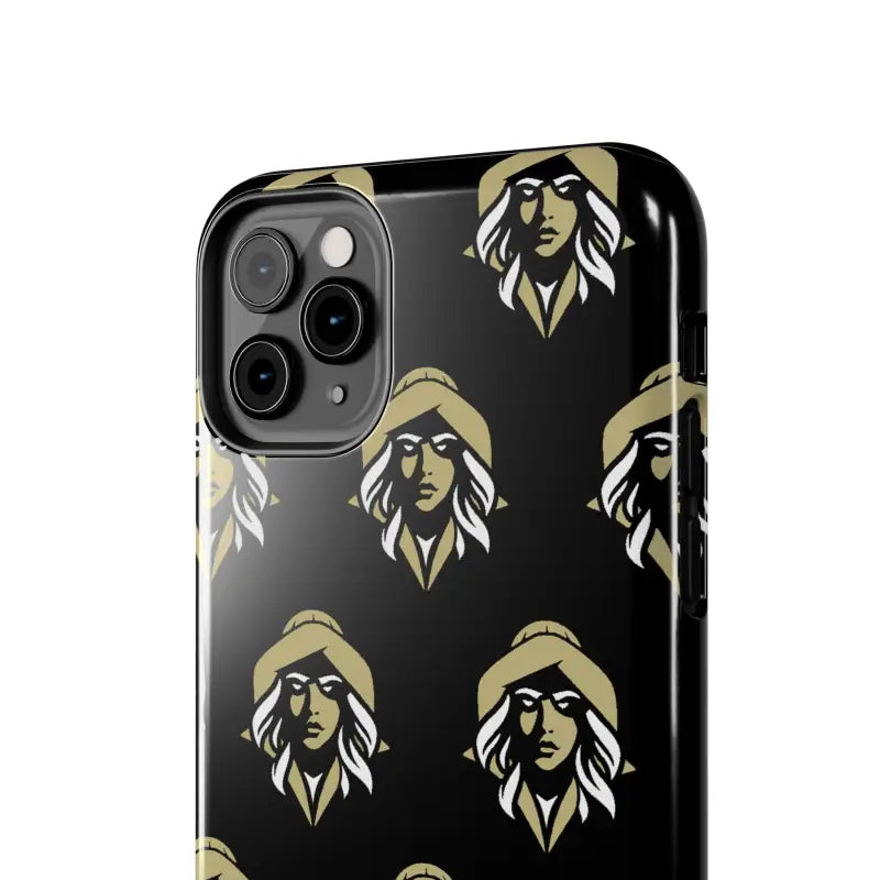 Black tough phone case featuring gold witch pattern by Skipper Lax for women