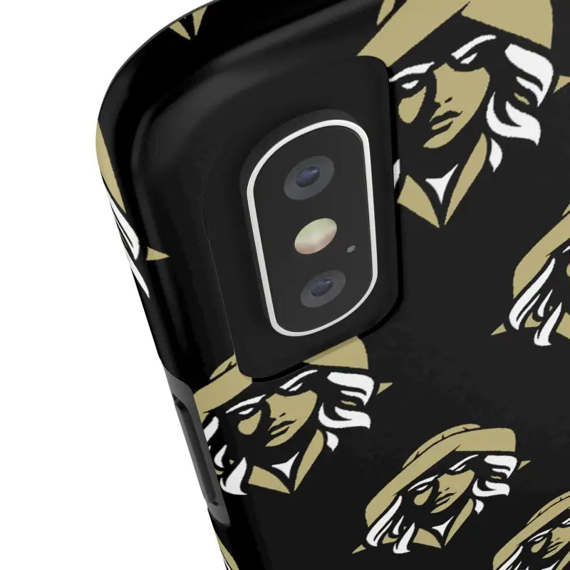 Black and gold patterned Skipper Lax Tough Phone Case featuring a woman’s face design