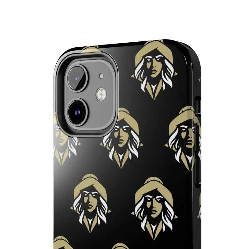 Black phone case with gold witch pattern from Skipper Lax featuring a woman face design