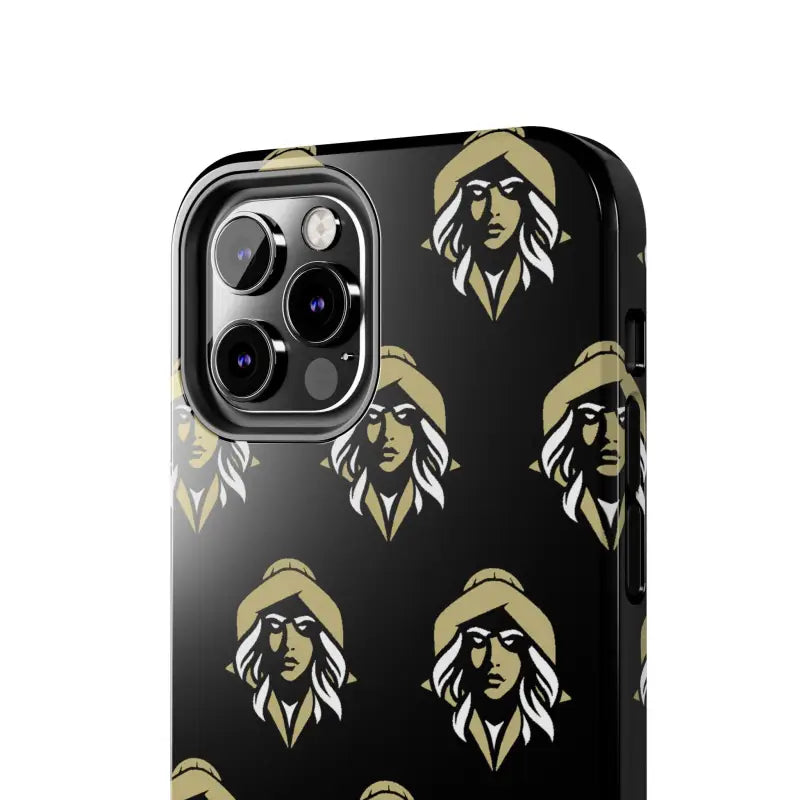 Black phone case with gold design featuring a woman’s face in Skipper Lax style