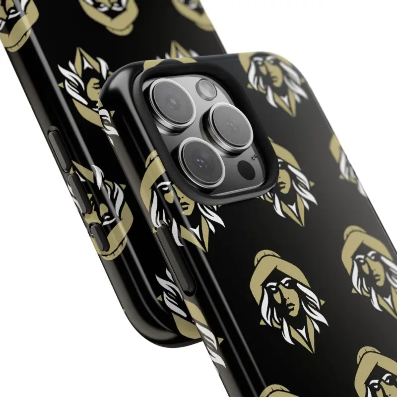 Black phone case featuring a gold figure pattern by Skipper Lax with woman face design
