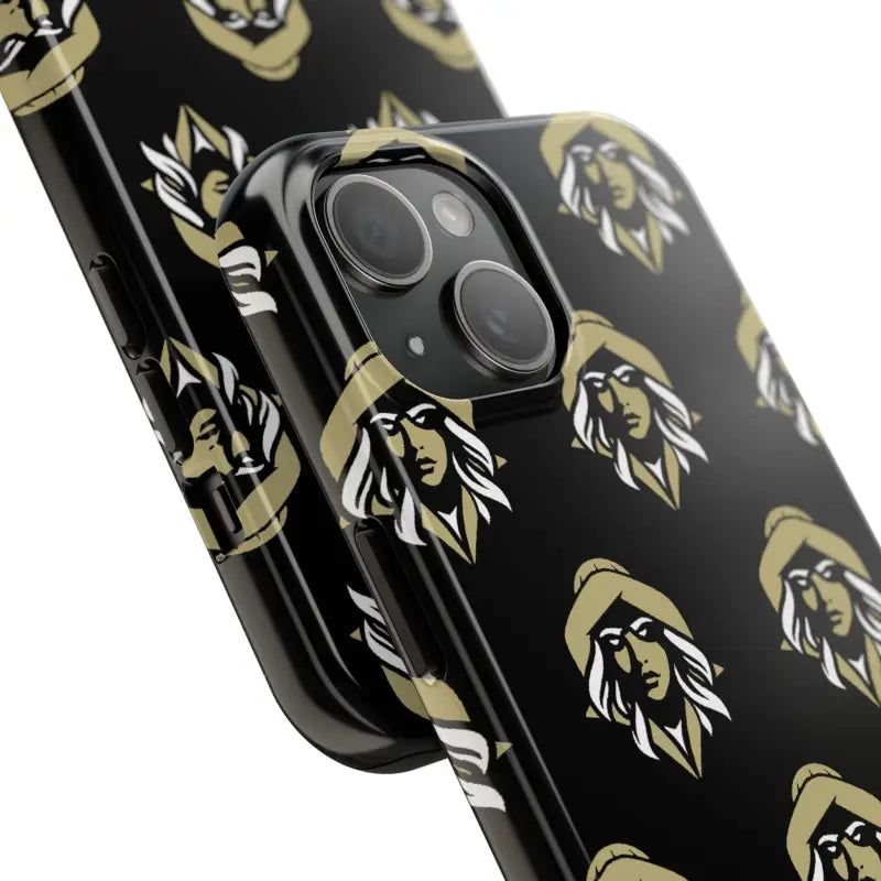 Black phone case featuring a gold woman face design from Skipper Lax collection